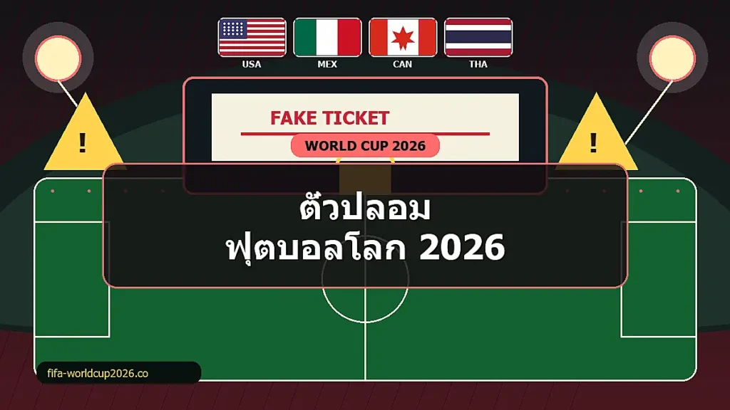 ภาพเตือนภัยตั๋วปลอมฟุตบอลโลก 2026 พร้อมแล็ปท็อปและสัญลักษณ์ล็อก