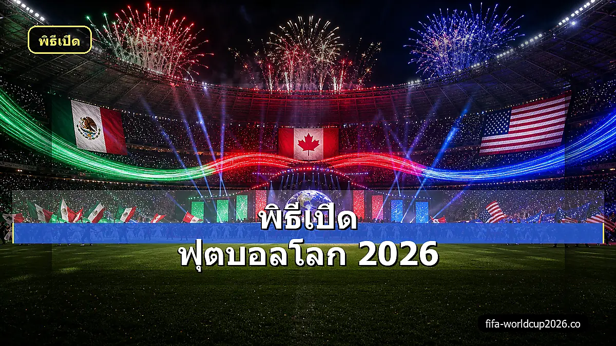 ภาพเสมือนจริงพิธีเปิดฟุตบอลโลก 2026 ในสนามพร้อมแสงสีและแฟนบอล