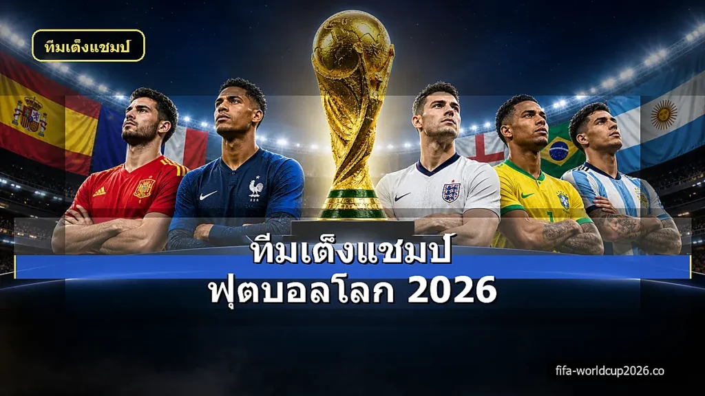 ภาพสเหมือนจริงทีมเต็งแชมป์ฟุตบอลโลก 2026 พร้อมนักเตะและถ้วยกลางภาพ