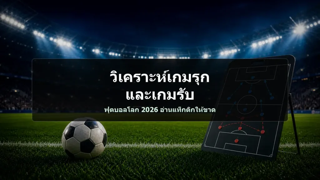 ภาพสนามฟุตบอลและกระดานแท็กติกพร้อมหัวข้อวิเคราะห์เกมรุกและเกมรับ ฟุตบอลโลก 2026